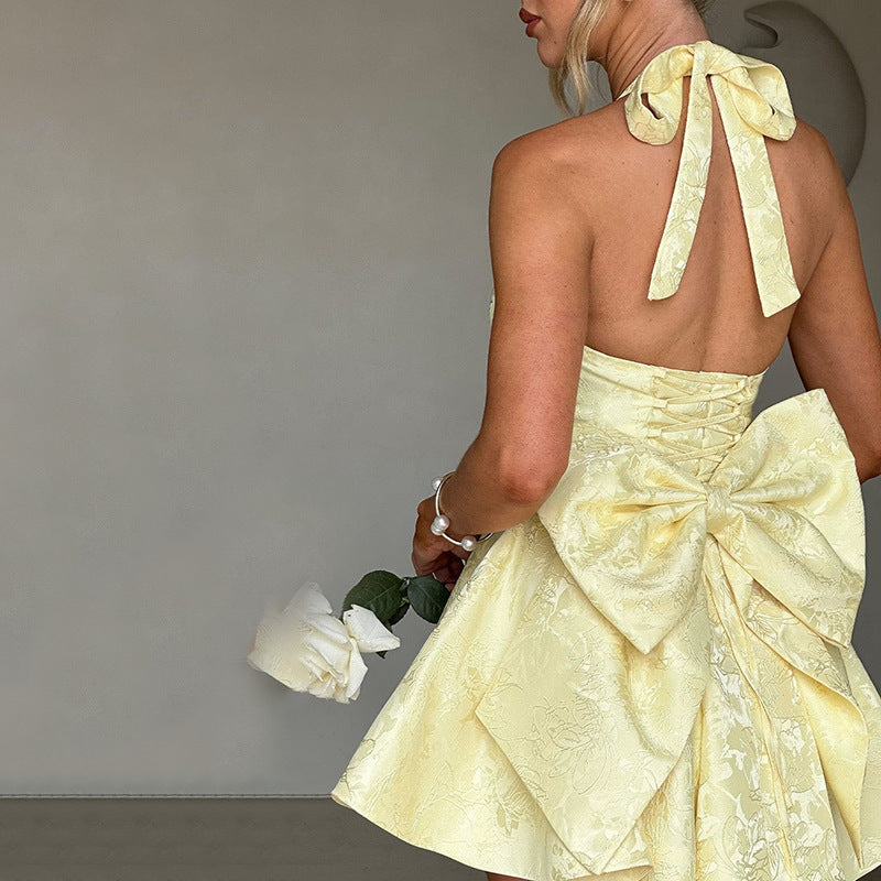 BlushBelle™ Jacquard Halter Bow Dress