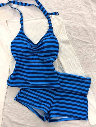 Striped Tankini Swimsuit, Elegant Sexy Halter Crop Top & BBL shorts