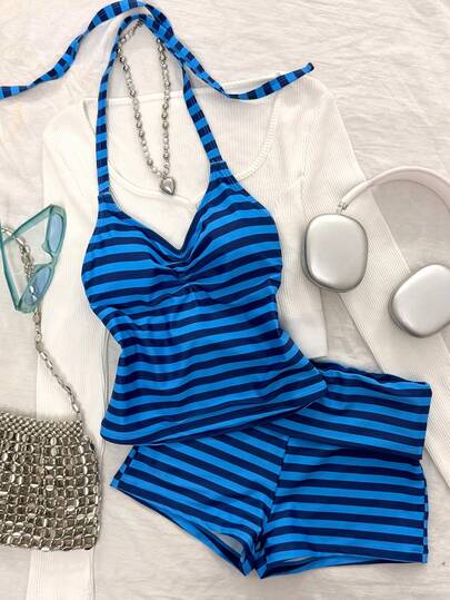 Striped Tankini Swimsuit, Elegant Sexy Halter Crop Top & BBL shorts