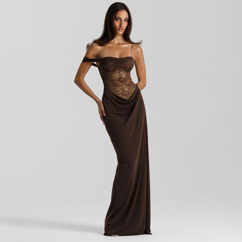 Noir Grace™ Brown Lace Maxi Dress