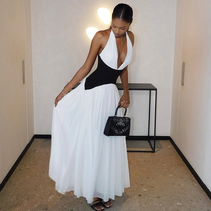 Chic Contrast Halter Maxi Dress