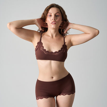 Women 2 Piece Lace Lingerie Set Pullover Removable Padded Bralette Sexy Boyshort Panties PJ Set