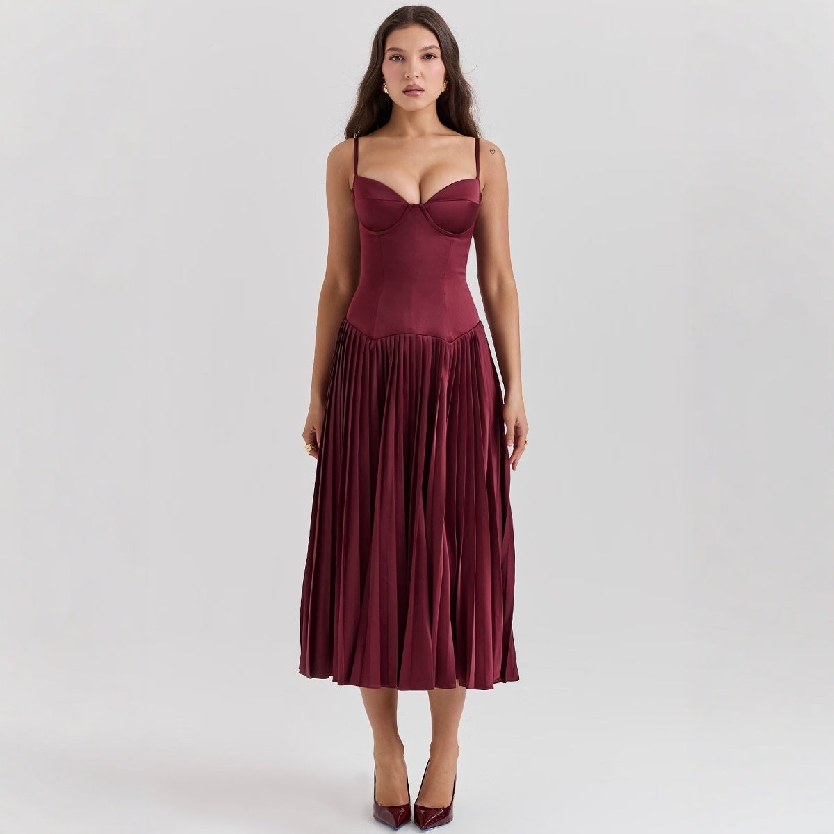 Crimson Muse™ Pleated Satin Elegance Dress
