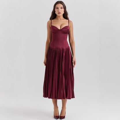 Crimson Muse™ Pleated Satin Elegance Dress