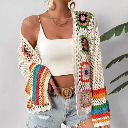 Color Plaid Crocheted Handmade Top Women's Clothing