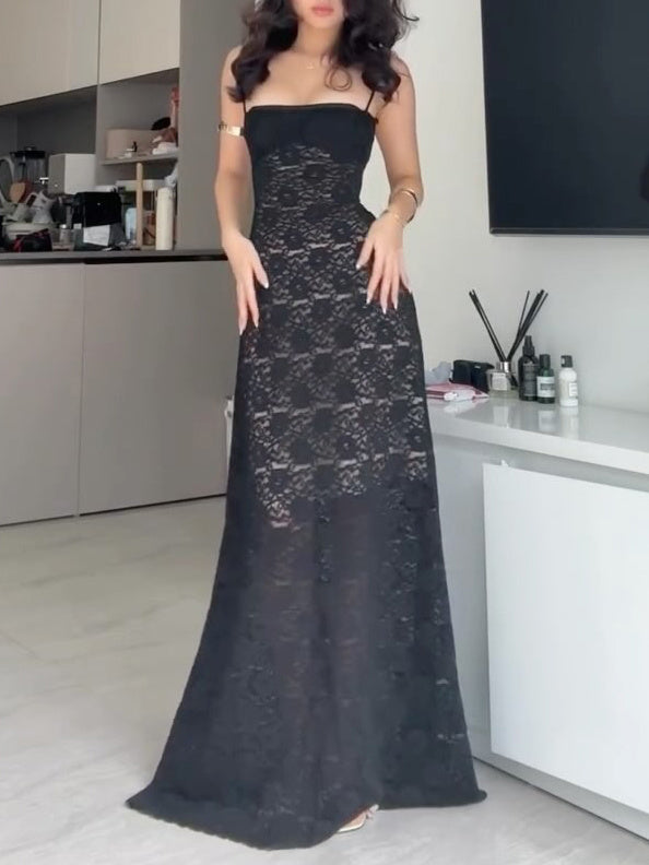Black Lace See-through Maxi Dress
