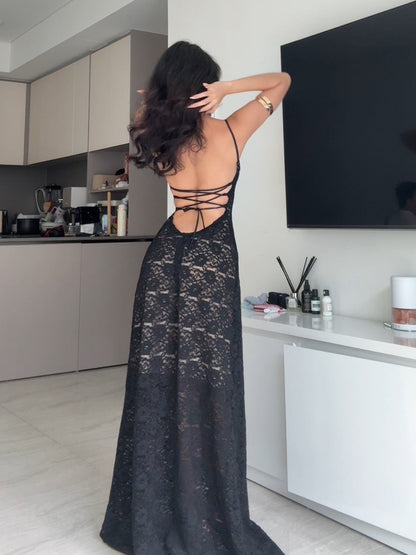 Black Lace See-through Maxi Dress
