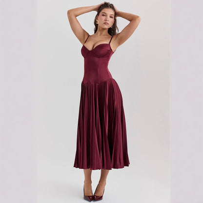 Crimson Muse™ Pleated Satin Elegance Dress