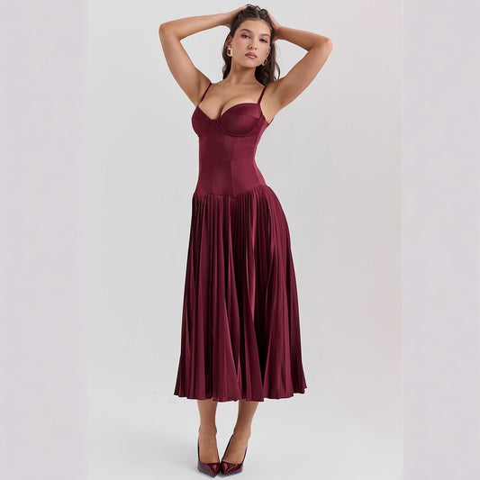 Crimson Muse™ Pleated Satin Elegance Dress