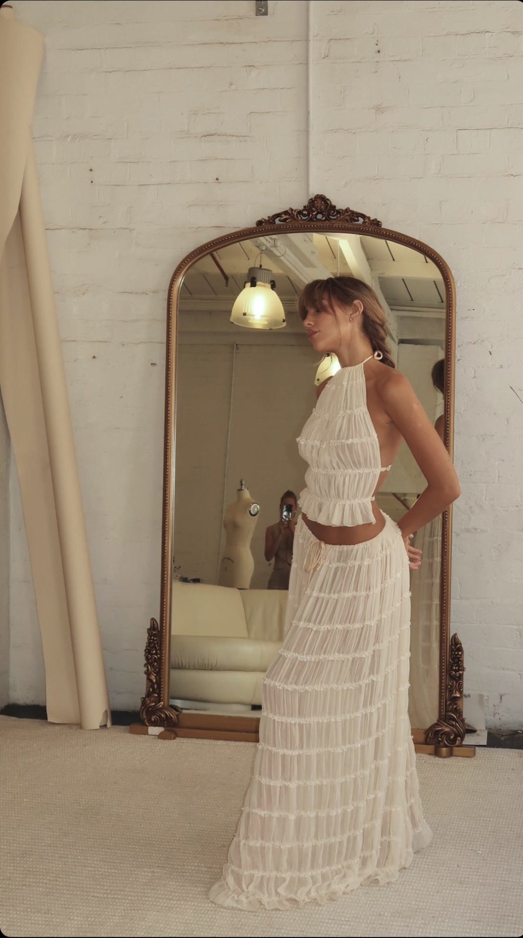 Backless Lace-up Halterneck Sling Top Suit Wooden Ear Pleated Dress