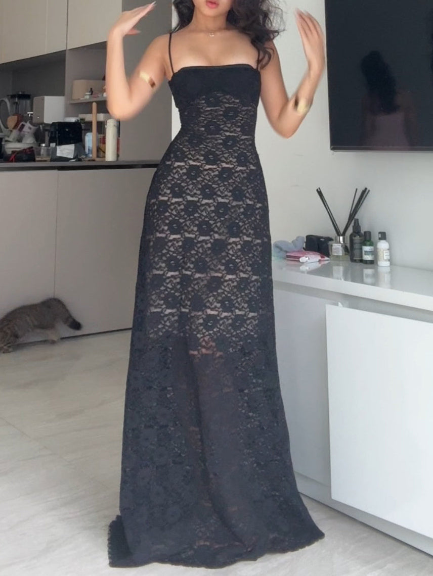 Black Lace See-through Maxi Dress