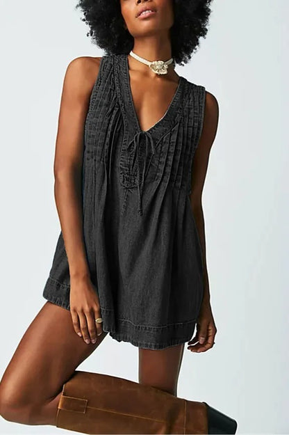 V-neck Sleeveless Denim Romper
